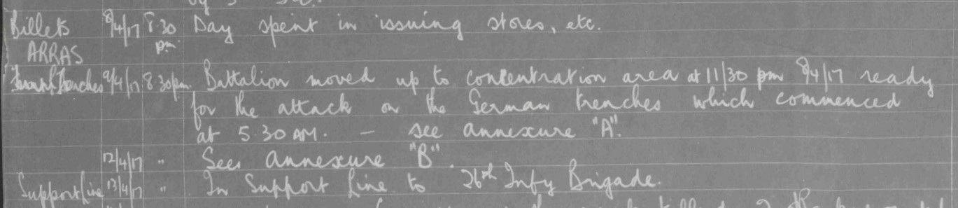 Snippet from War Diary of 1_SAIR on 12 April 1917